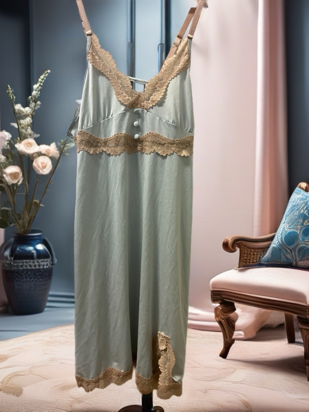 Laundry By Shelli Segal Sage Green Chemise with Beige Lace Trim